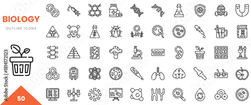 A collection of 50 outline icons related to biology, including plants, molecules, and laboratory equipment.
