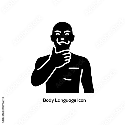 Body language gesture icon of man touching neck, human communication symbol, nonverbal expression vector illustration for psychology concepts design

