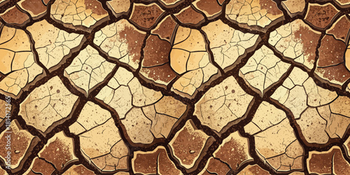 Close-up of dry, cracked earth showcasing various shades of brown and beige, depicting extreme drought conditions.