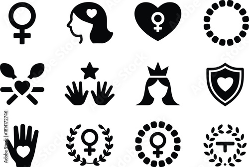 Women Empowerment Icons – Feminism, Female Symbol, Heart, Crown, Laurel, Equality Silhouettes