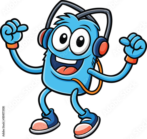 Blue cartoon character wearing headphones and orange wristbands with hands raised music