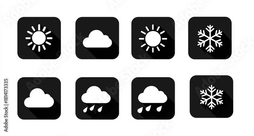 Weather icons set, featuring sun, cloud, rain, and snow symbols with shadows isolated on white background