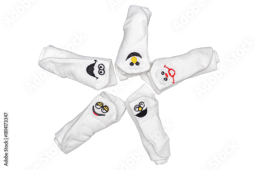 White socks with funny faces isolated on white background, clipping path included