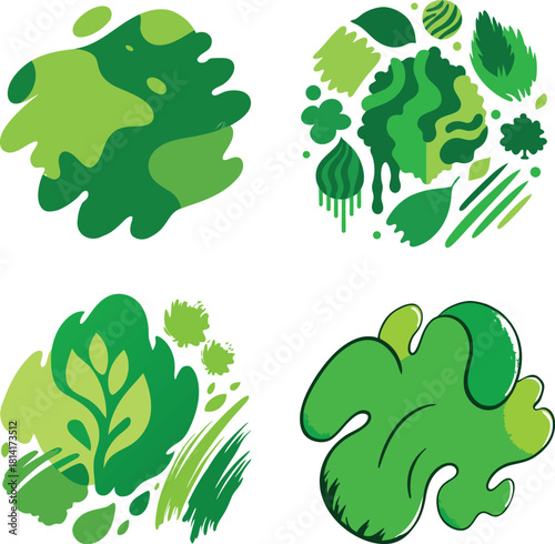 Uneven organic shapes in green color bold brush textures, isolated vector pack
