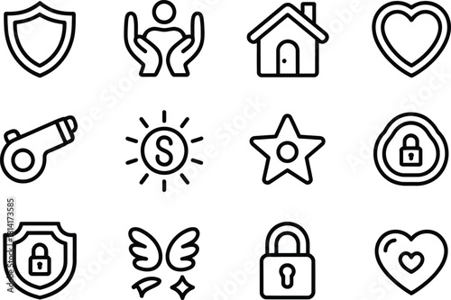 Safety & Protection Line Icons – Shield, Heart, Lock, Wings, Whistle, Star, Home Outline Set