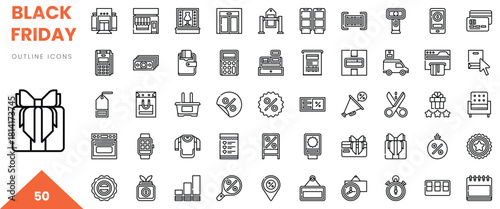 Collection of minimalist Black Friday icons showcasing shopping and discounts.