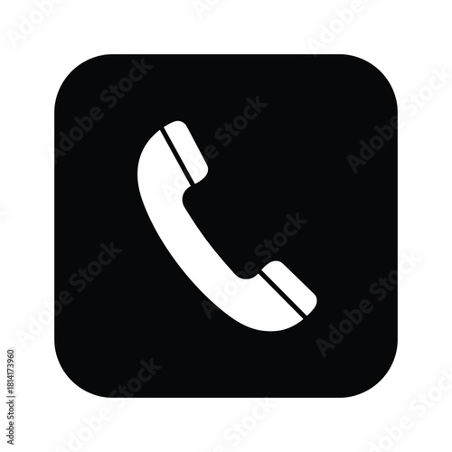 Black square icon with a white telephone handset, isolated on