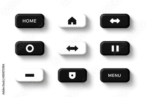 3d buttons style, home, menu, pause, and navigation icons, digital controls. isolated on white background