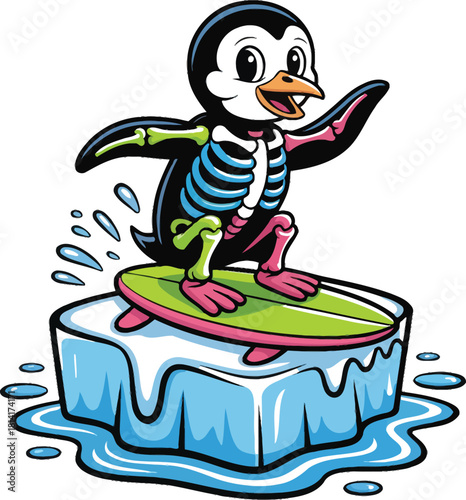 Cartoon penguin surfing on ice floe surfboard