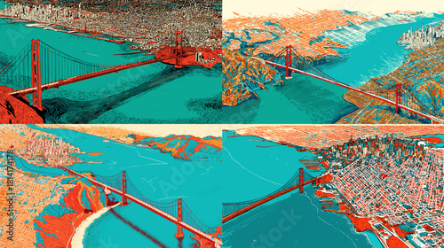 Colorful aerial illustrations of the Golden Gate Bridge with vibrant city and coastal scenery. Artistic views showcasing the iconic San Francisco landmark in bold and dynamic style.