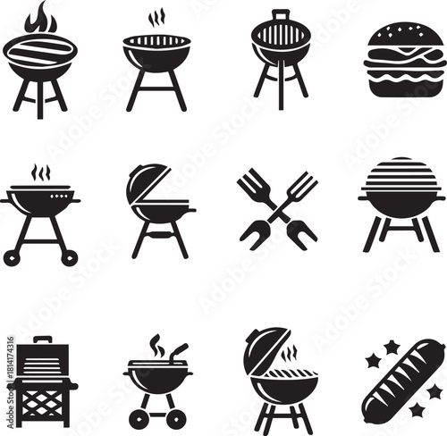 Black and White BBQ Grill Icons Vector Illustration Collection.