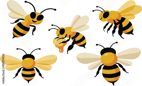Cartoon honey bee vector illustration set, cute flying bees and insect with honey drop, isolated mascot collection for natural food, nature, and organic products