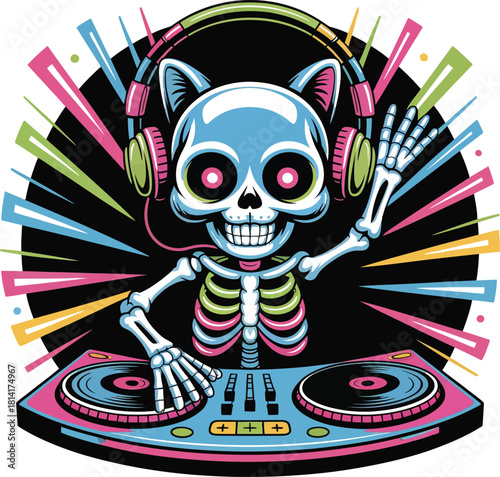 Cat D J with headphones and turntable music party