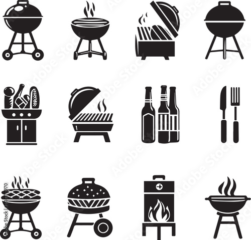 Black and White BBQ Grill Icons Vector Illustration Collection.