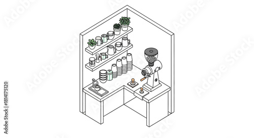 Isometric view of a coffee shop interior with equipment and shelves