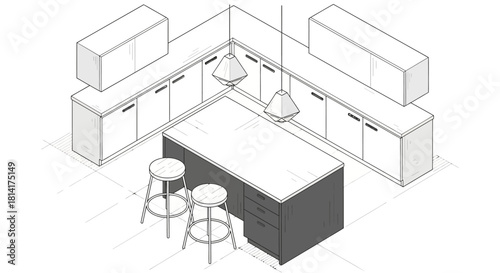 Modern kitchen interior sketch with island stools cabinets and pendant lights