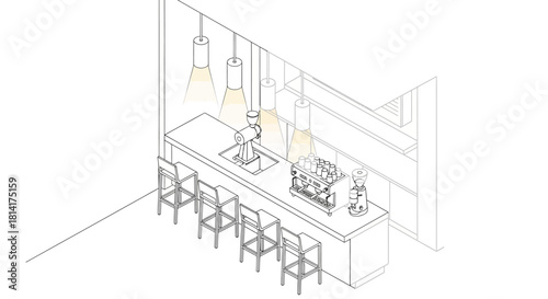 Isometric view of a modern coffee bar interior with pendant lighting