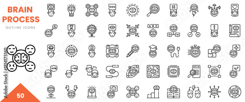 A diverse collection of 50 outline icons depicting various brain processes and thinking concepts.