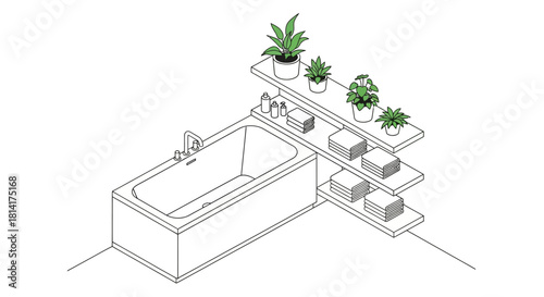Minimalist bathroom design with bathtub shelves and potted plants illustration