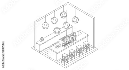 Isometric view of a modern coffee bar interior with stools and hanging lights