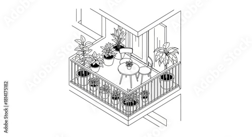 Isometric balcony with plants and furniture illustration for design