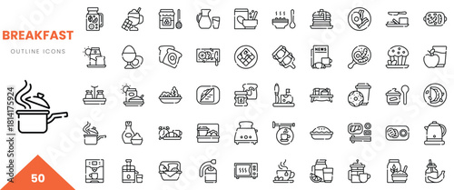 Variety of breakfast icons including food, beverages, and preparation tools in a minimalist style.