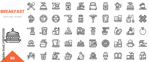 A collection of various breakfast-themed outline icons, featuring food and kitchen items.