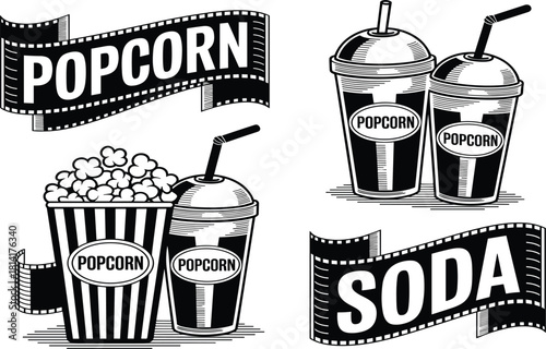 Popcorn and soda cinema concessions black and white vector illustration set, movie theater food, film reel banner, snack bar, and retro entertainment graphic