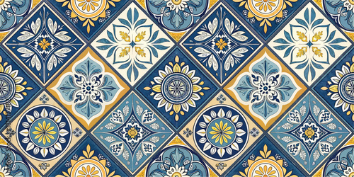 Colorful geometric pattern with floral designs in blue, yellow, and white tones, perfect for interior decor.