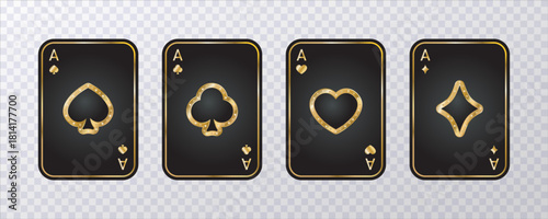 Set of golden playing cards isolated on transparent background. Ace of spades, clubs, hearts and diamonds. Black gaming cards with golden elements and diamonds. Gambling games symbols set.Vector