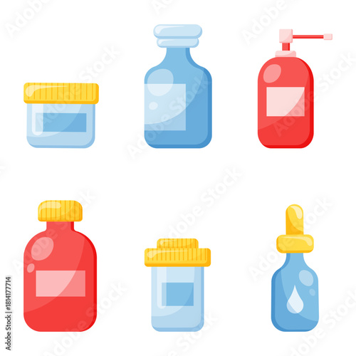 Set of  isolated medical jars on transparent background.Plastic pill bottles. Medicines. Medical tools.Isolated items.Cartoon flat style. Simple icons for medical and health theme.Vector illustration.