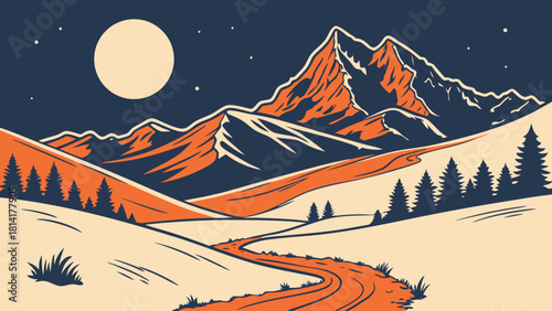 Vibrant mountain landscape under a full moon and starry night sky