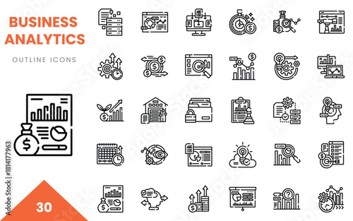 Collection of business analytics outline icons in a monochrome style, ideal for presentations.
