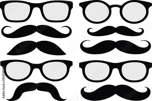Eyeglasses and mustache silhouette vector icon set, hipster style, geek or nerd accessories, party photo booth props, and fun disguise graphic elements
