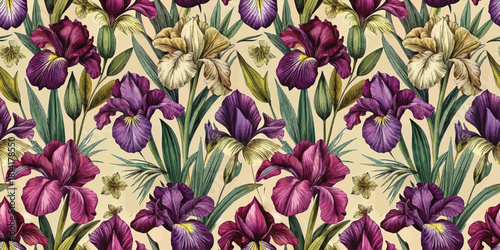 Vibrant floral pattern featuring purple and cream irises against a muted background.