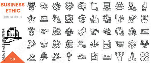 Business ethics outline icons showcasing diverse concepts of integrity and professionalism.