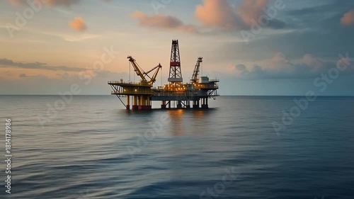 Offshore Jack Up Oil Rig in The Middle of The Ocean at Sunset.