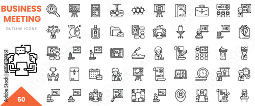 A collection of 50 outline icons depicting various aspects of business meetings and presentations.