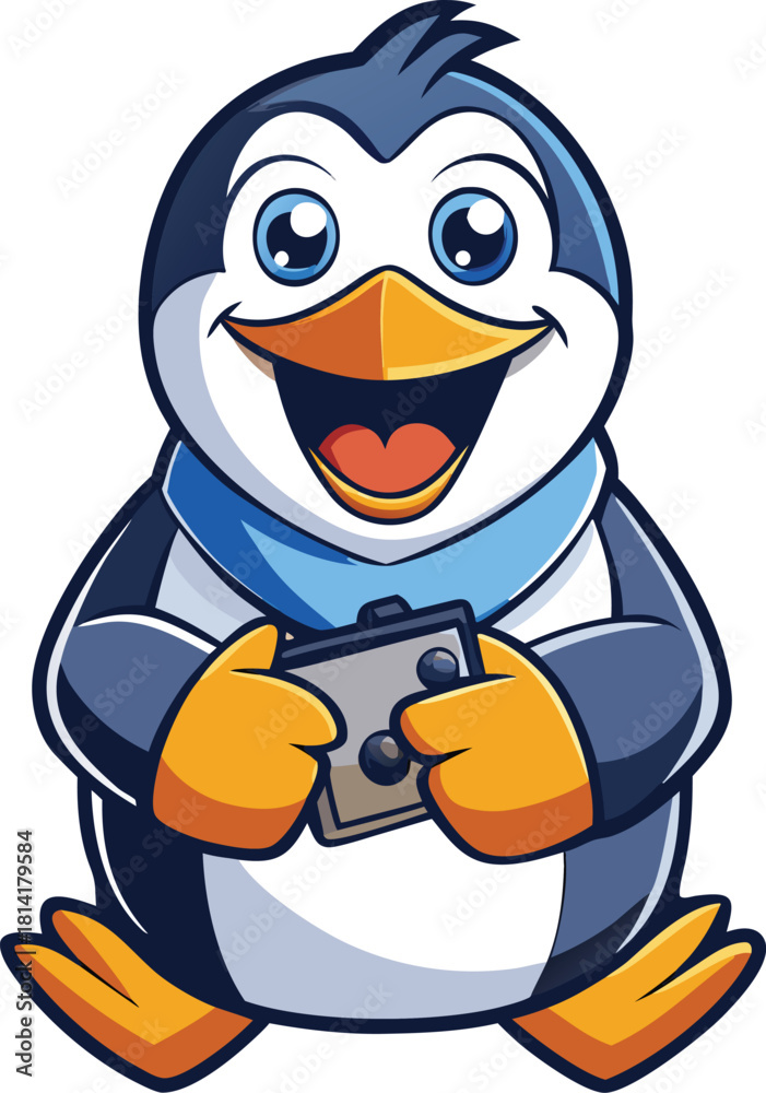 Obraz premium Cute cartoon penguin character holding a tablet computer with a happy expression on a white background, Funny cartoon penguin character with a baseball bat and ball, cute winter bird illustration