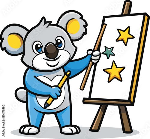 funny cartoon artist holding a board for kids alphabet coloring illustration, Cute cartoon koala artist painting stars on an easel with a pencil and brush 