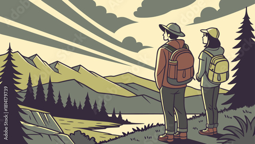 Two hikers with backpacks admire a vast mountain landscape and lake