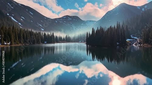 Alpine Lake with Perfect Reflection of Mountains and Pine Forest.