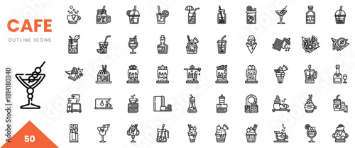 Collection of 50 outline icons representing various cafe drinks and desserts in a minimalistic style.