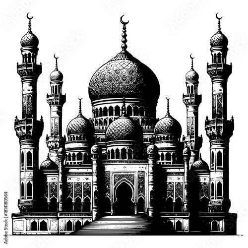 Majestic Mosque in Art: A stunning illustration showcases an exquisite mosque with intricate details, standing as a beacon of faith, art, and cultural heritage. 