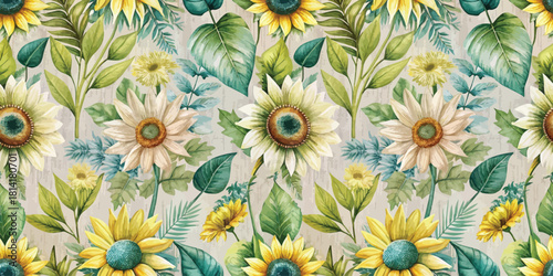 Vibrant floral pattern featuring sunflowers and greenery, perfect for home decor and design projects.