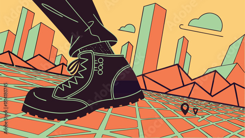Close up of a person wearing hiking boots walking through a stylized cityscape