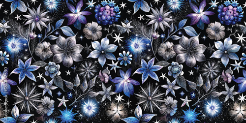 Stunning floral pattern featuring various blue and purple flowers against a black background.