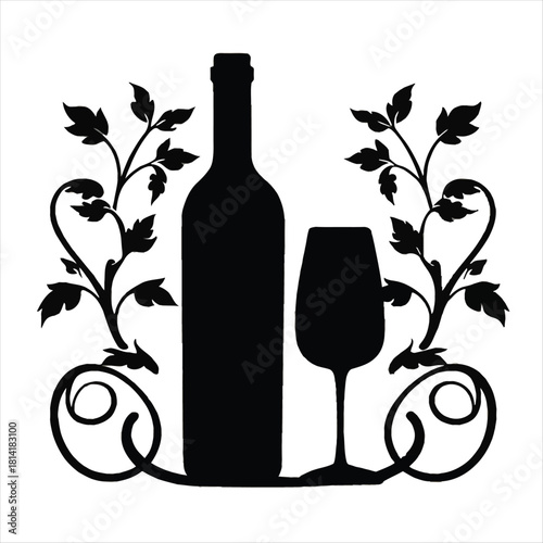 Elegant silhouette of wine bottle and glass with vine accents