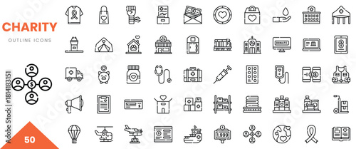 A diverse collection of charity-related outline icons depicting various themes and services.