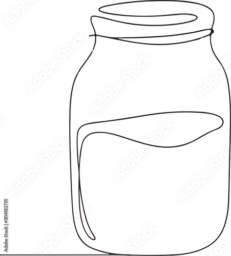 Glass canning jar in continuous line art drawing style. Food preserve. Minimalist black linear sketch on white background. 